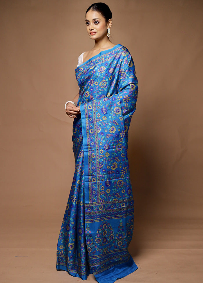 Blue Printed Pure Silk Saree Without Blouse Piece