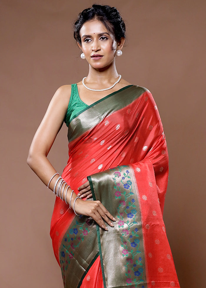 Red Dupion Silk Saree With Blouse Piece - Indian Silk House Agencies