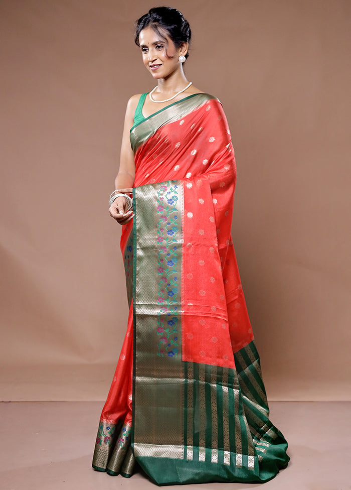 Red Dupion Silk Saree With Blouse Piece - Indian Silk House Agencies