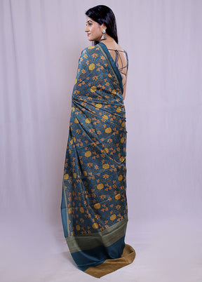 Blue Printed Pure Silk Saree With Blouse Piece - Indian Silk House Agencies