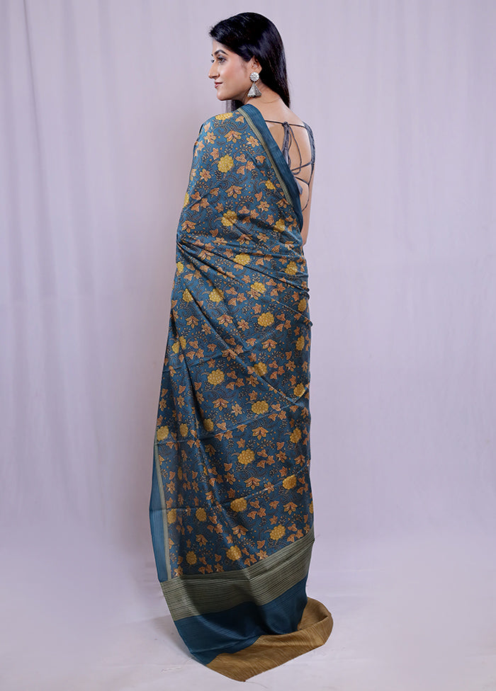 Blue Printed Pure Silk Saree With Blouse Piece - Indian Silk House Agencies