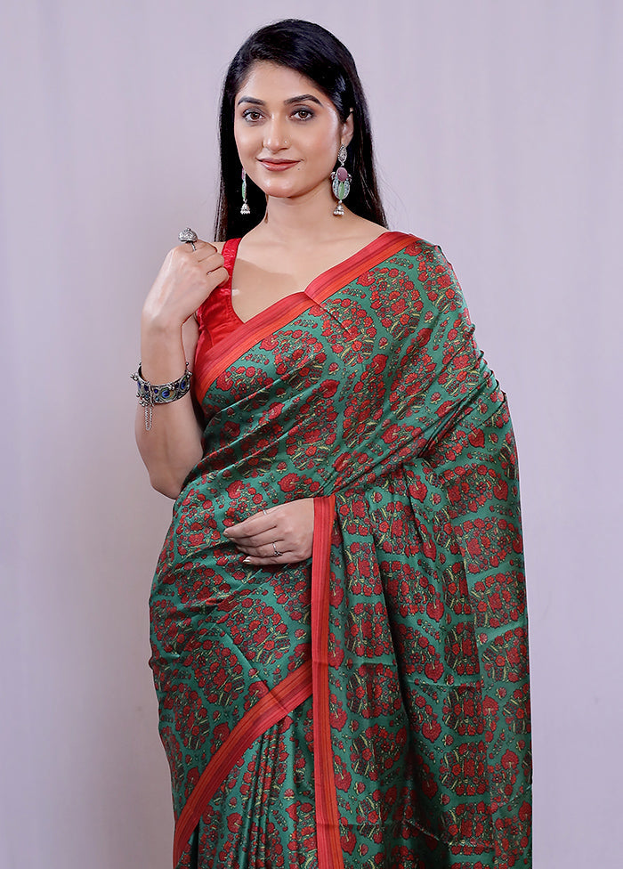 Green Printed Pure Silk Saree With Blouse Piece - Indian Silk House Agencies