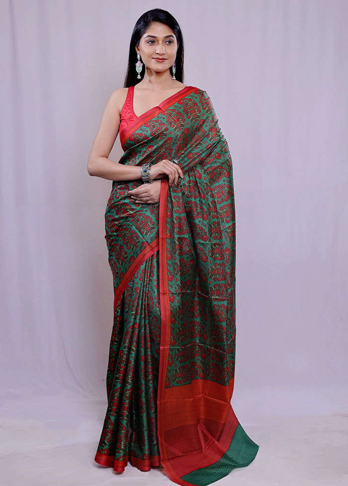 Green Printed Pure Silk Saree With Blouse Piece - Indian Silk House Agencies