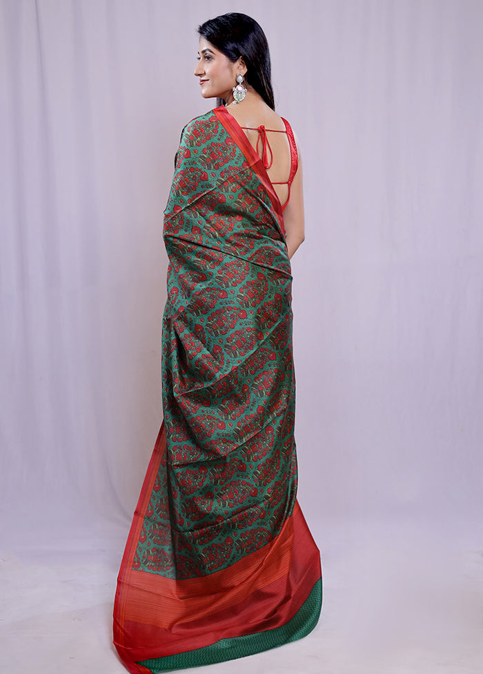 Green Printed Pure Silk Saree With Blouse Piece - Indian Silk House Agencies