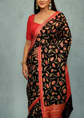 Black Printed Pure Silk Saree With Blouse Piece - Indian Silk House Agencies