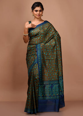 Brown Printed Pure Silk Saree With Blouse Piece - Indian Silk House Agencies