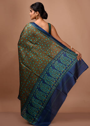 Brown Printed Pure Silk Saree With Blouse Piece - Indian Silk House Agencies