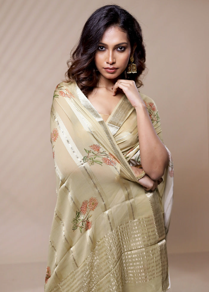 Cream Printed Pure Silk Saree Without Blouse Piece - Indian Silk House Agencies