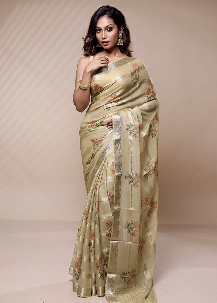 Cream Printed Pure Silk Saree Without Blouse Piece - Indian Silk House Agencies