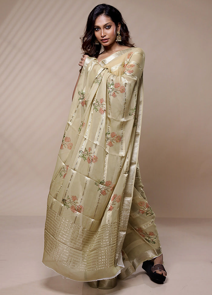 Cream Printed Pure Silk Saree Without Blouse Piece - Indian Silk House Agencies