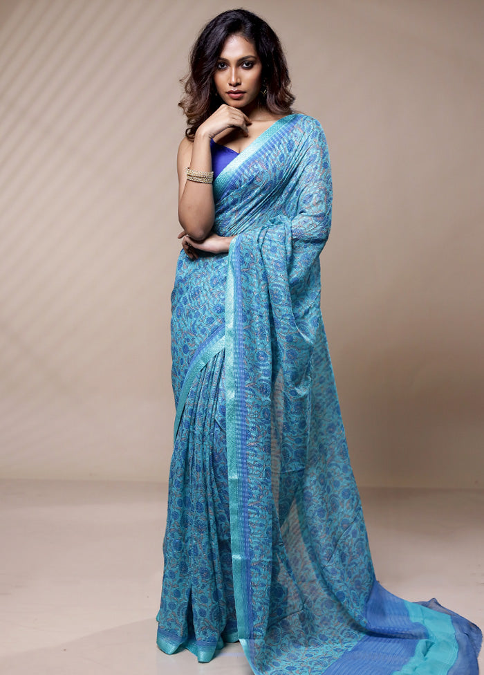 Blue Chiffon Pure Silk Saree Without Blouse Piece - Indian Silk House Agencies