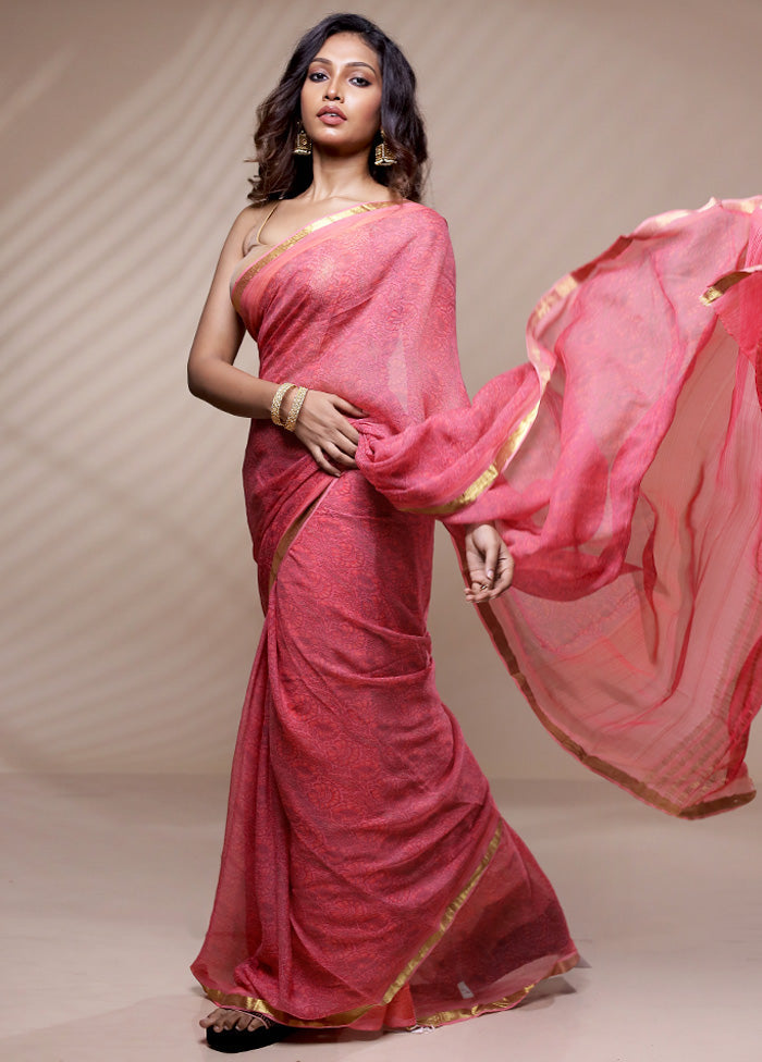 Pink Chiffon Pure Silk Saree Without Blouse Piece - Indian Silk House Agencies