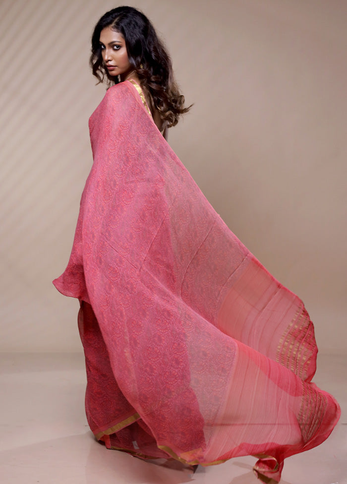 Pink Chiffon Pure Silk Saree Without Blouse Piece - Indian Silk House Agencies