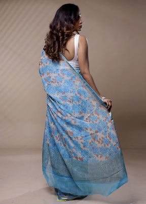 Blue Chiffon Pure Silk Saree Without Blouse Piece - Indian Silk House Agencies