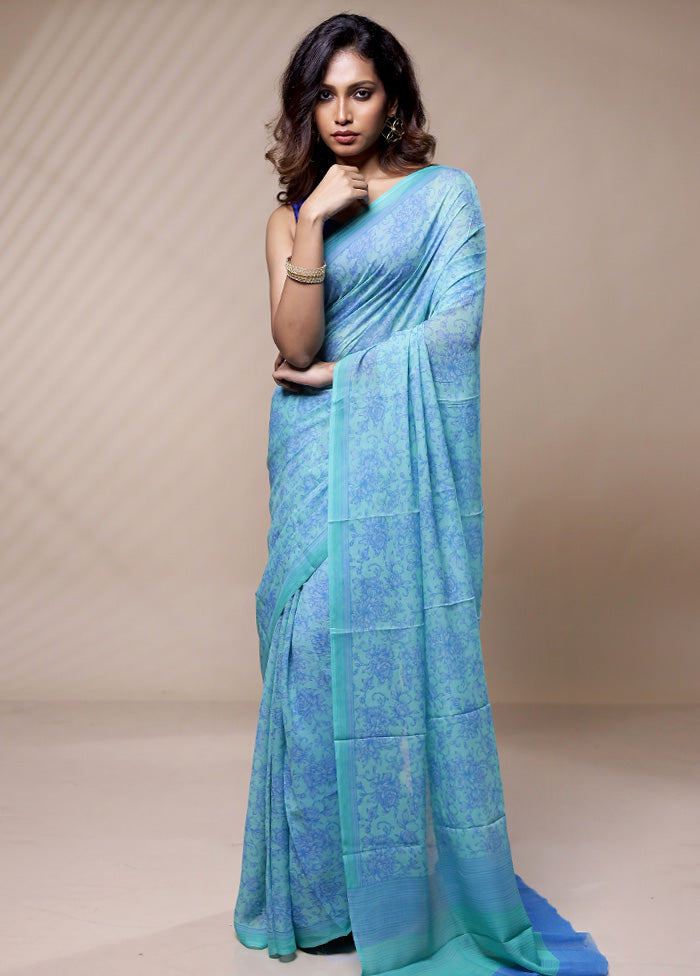 Blue Chiffon Pure Silk Saree Without Blouse Piece - Indian Silk House Agencies