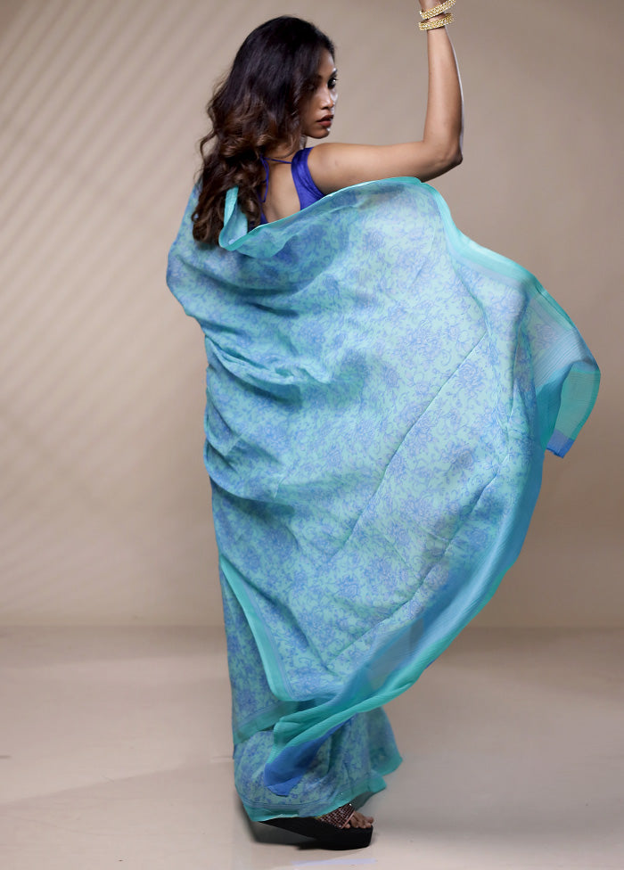 Blue Chiffon Pure Silk Saree Without Blouse Piece - Indian Silk House Agencies