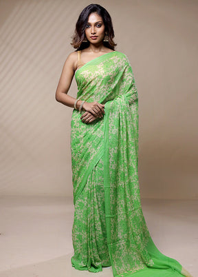 Green Chiffon Pure Silk Saree Without Blouse Piece - Indian Silk House Agencies