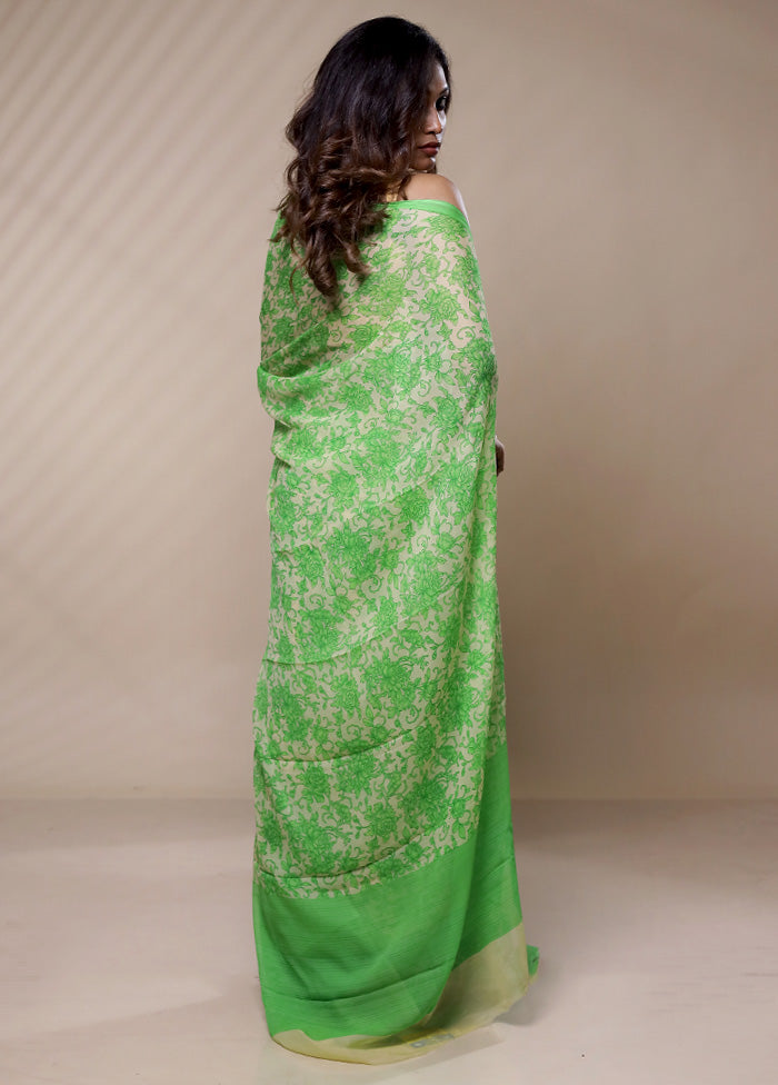 Green Chiffon Pure Silk Saree Without Blouse Piece - Indian Silk House Agencies