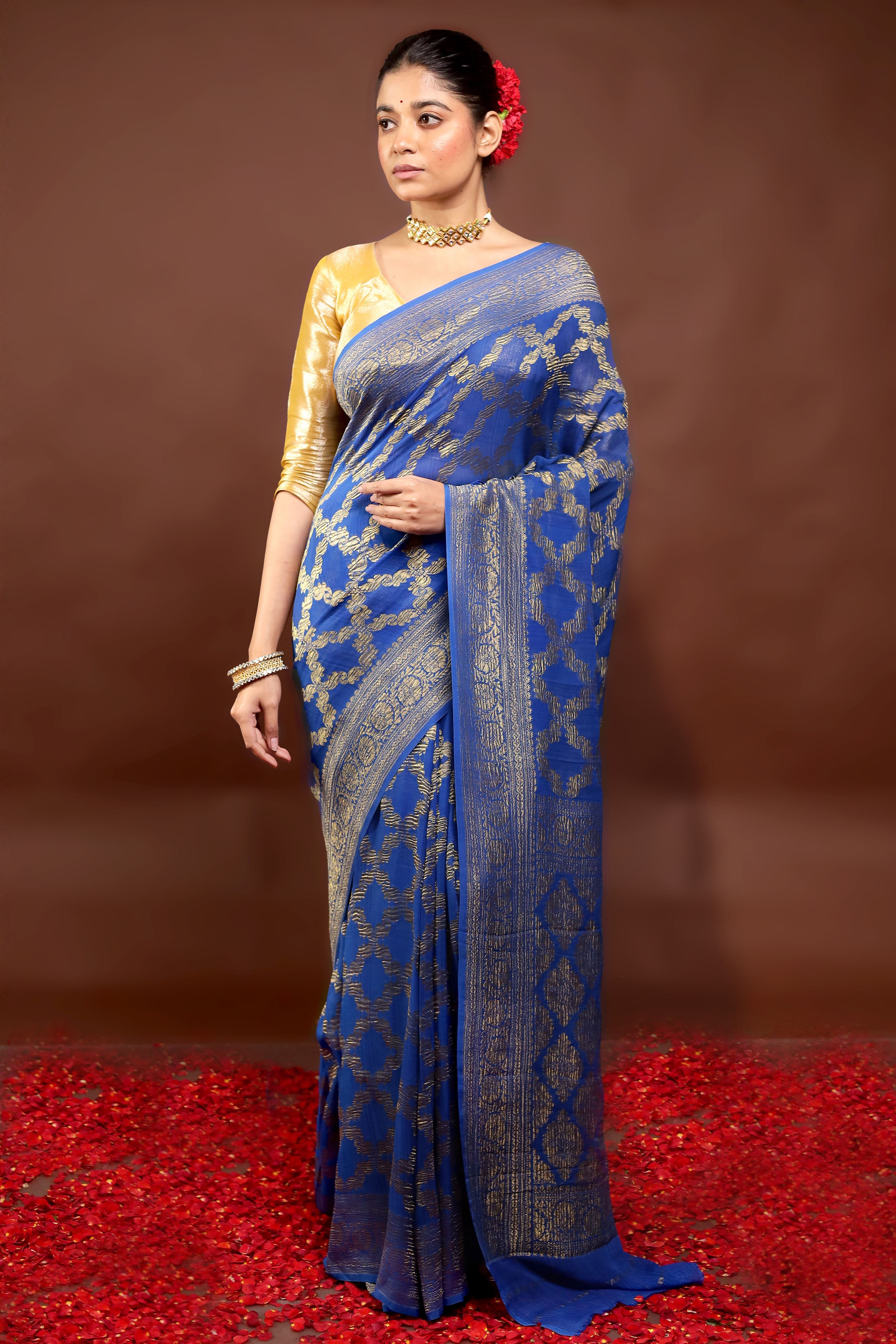 Blue Handloom Pure Georgette Saree With Blouse Piece