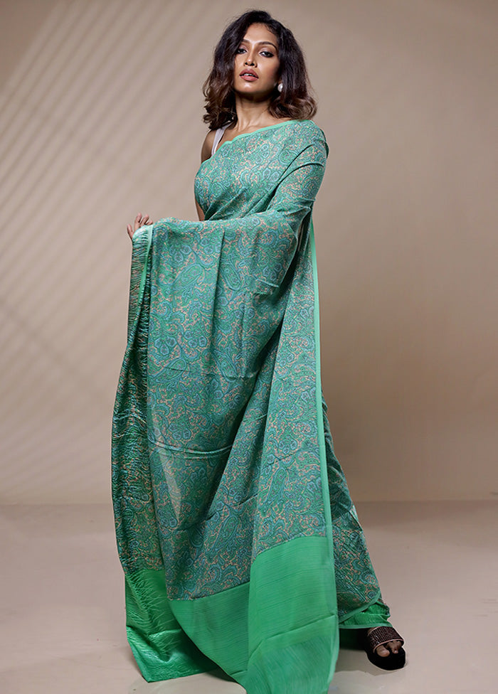 Green Chiffon Pure Silk Saree Without Blouse Piece - Indian Silk House Agencies