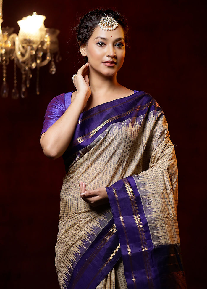 Cream Gadwal Pure Silk Saree Without Blouse Piece