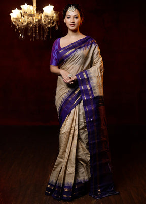 Cream Gadwal Pure Silk Saree Without Blouse Piece