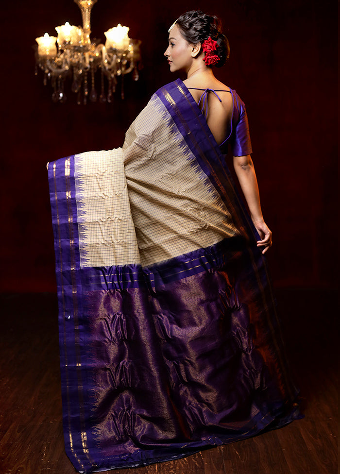 Cream Gadwal Pure Silk Saree Without Blouse Piece