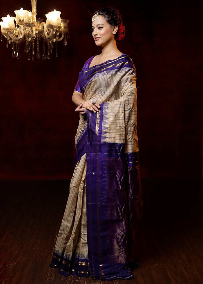 Cream Gadwal Pure Silk Saree Without Blouse Piece