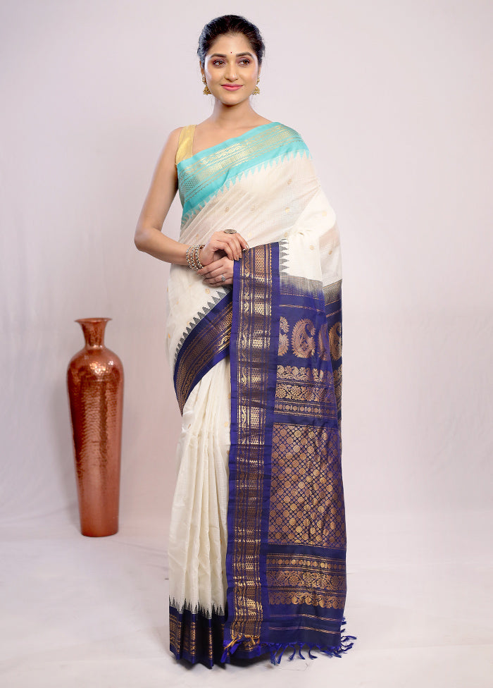 White Silk Cotton Gadwal Saree Without Blouse Piece - Indian Silk House Agencies