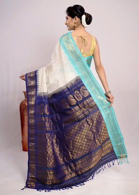 White Silk Cotton Gadwal Saree Without Blouse Piece - Indian Silk House Agencies