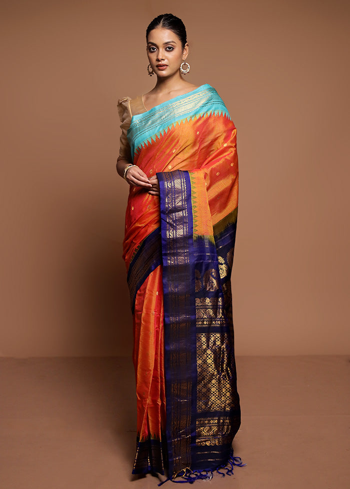 Orange Gadwal Pure Silk Saree Without Blouse Piece