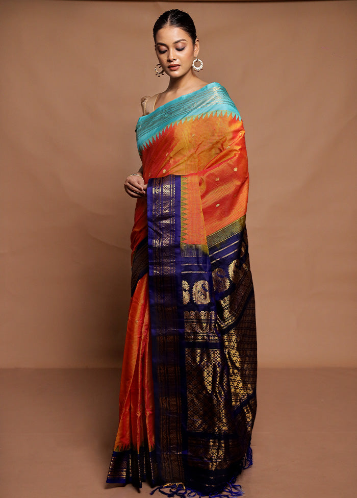 Orange Gadwal Pure Silk Saree Without Blouse Piece