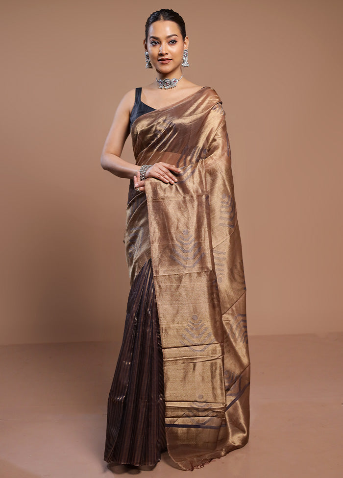 Gold Handloom Tussar Pure Silk Saree With Blouse Piece