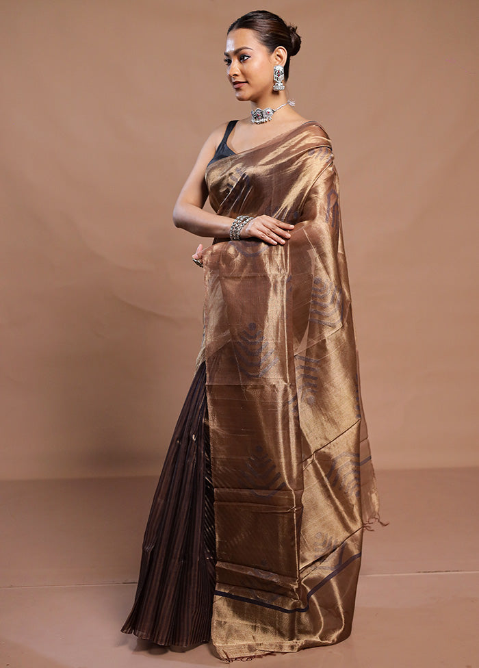 Gold Handloom Tussar Pure Silk Saree With Blouse Piece