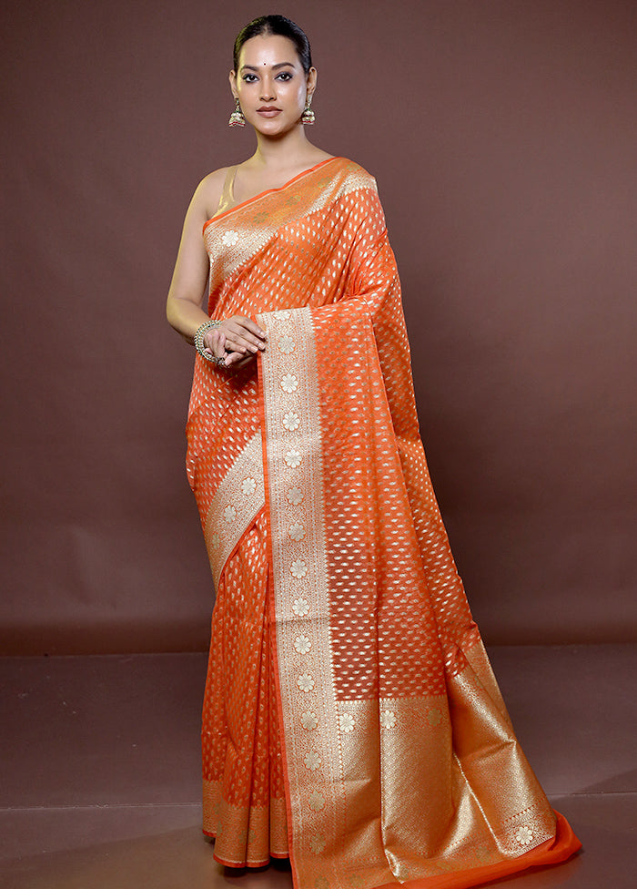 Rust Kora Silk Saree With Blouse Piece