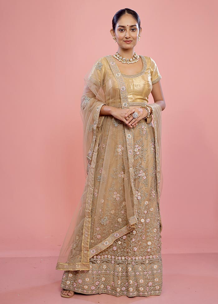 3 Pc Cream Semi Stitched Silk Lehenga Set - Indian Silk House Agencies