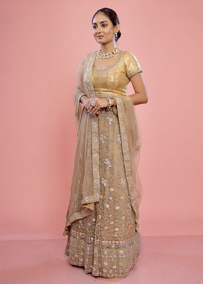 3 Pc Cream Semi Stitched Silk Lehenga Set - Indian Silk House Agencies