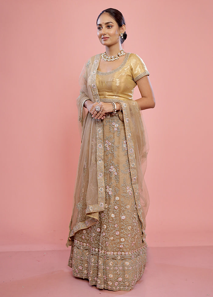 3 Pc Cream Semi Stitched Silk Lehenga Set - Indian Silk House Agencies