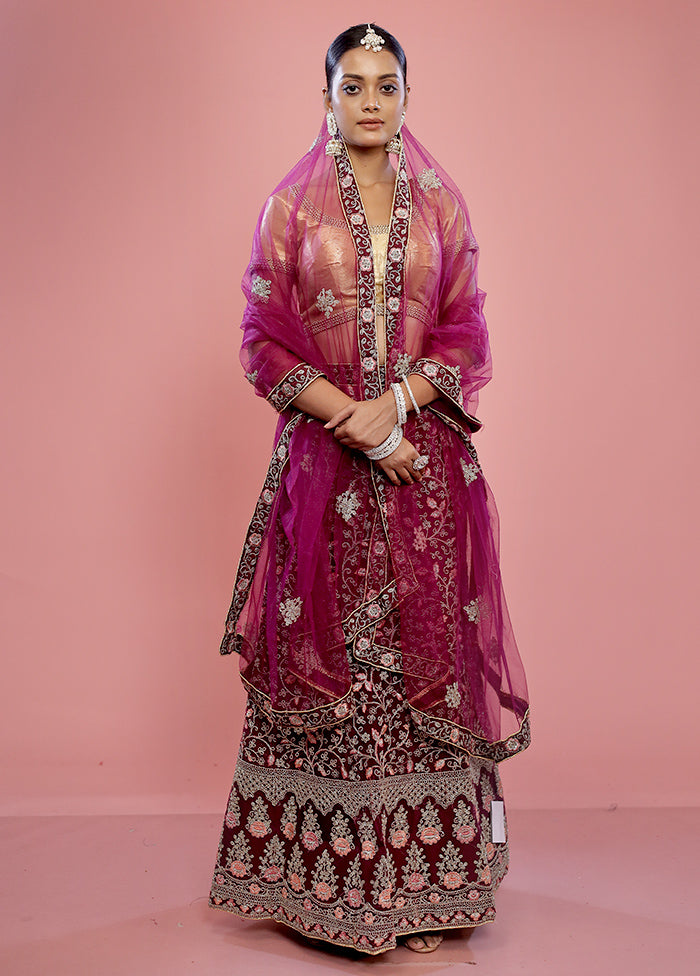 3 Pc Purple Semi Stitched Silk Lehenga Set - Indian Silk House Agencies