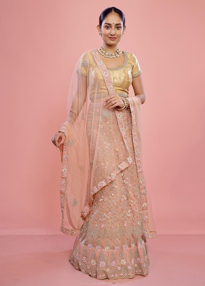 3 Pc Cream Semi Stitched Silk Lehenga Set - Indian Silk House Agencies