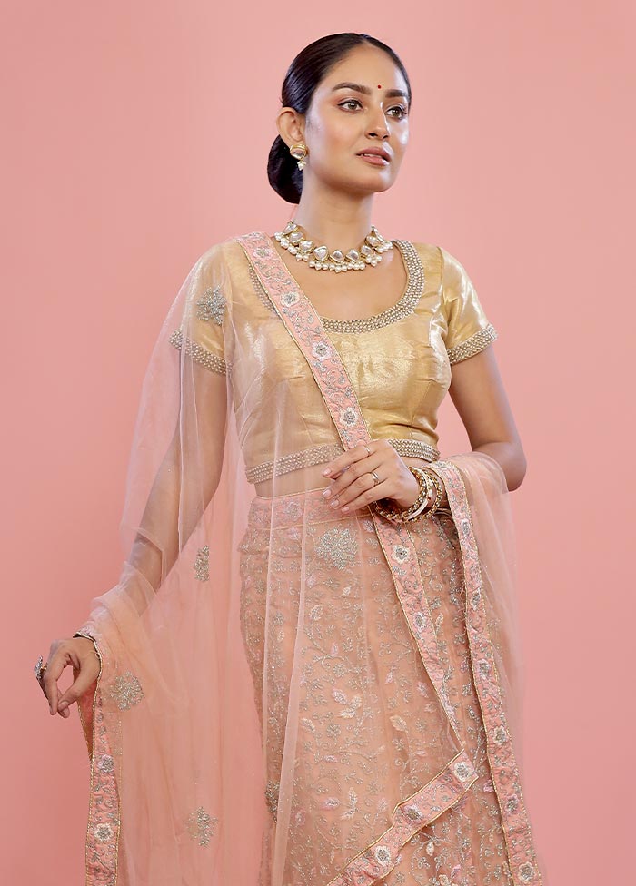 3 Pc Cream Semi Stitched Silk Lehenga Set - Indian Silk House Agencies