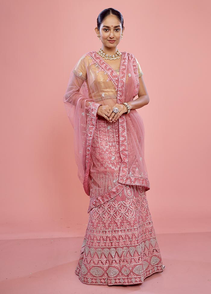 3 Pc Pink Semi Stitched Silk Lehenga Set - Indian Silk House Agencies