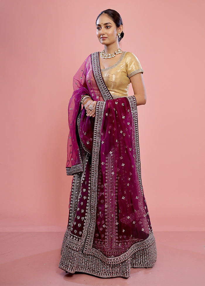 3 Pc Purple Semi Stitched Velvet Lehenga Set - Indian Silk House Agencies