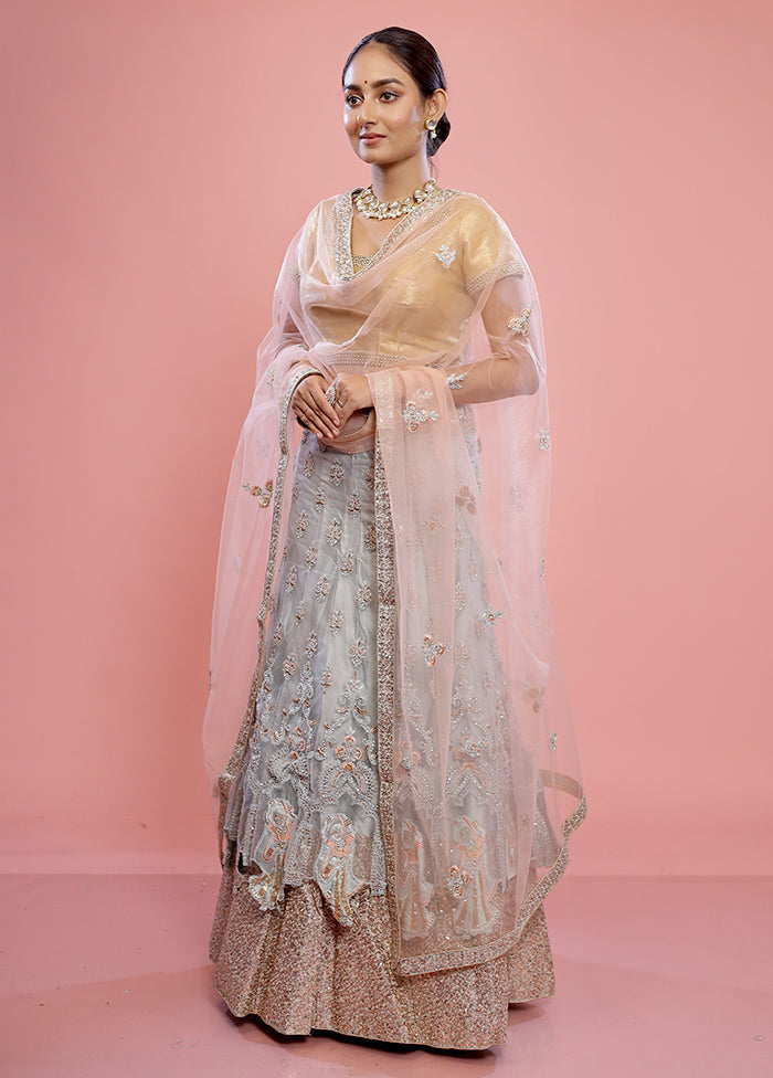 3 Pc White Semi Stitched Silk Lehenga Set - Indian Silk House Agencies