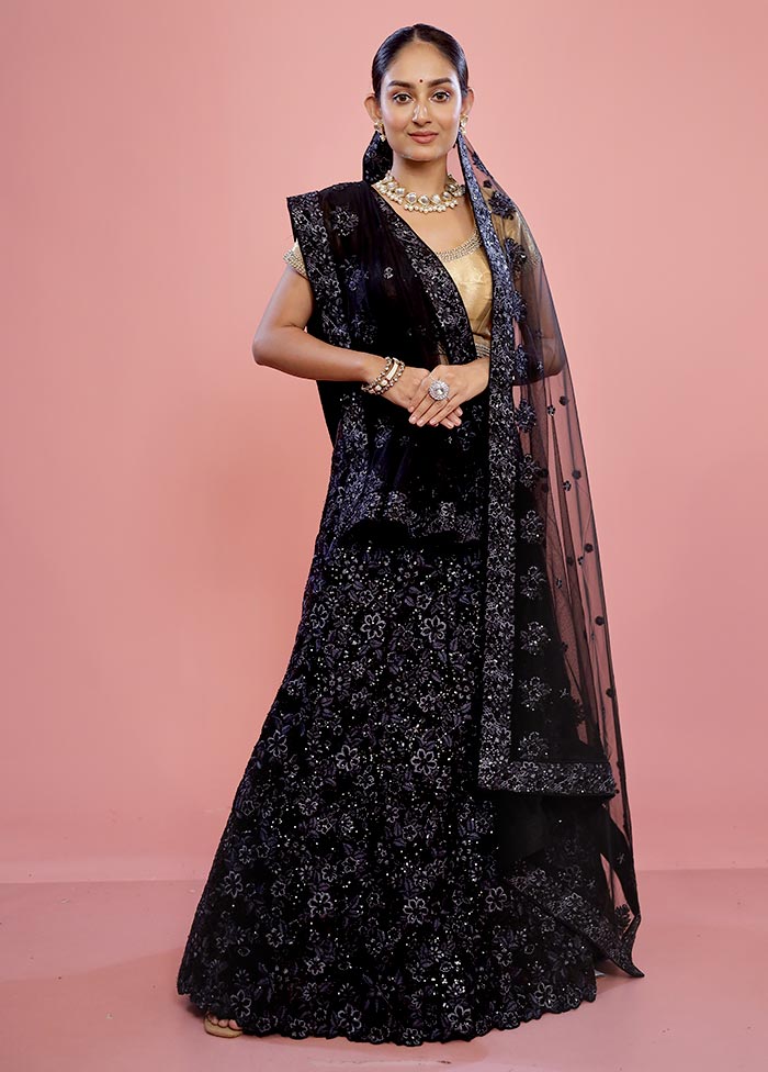 3 Pc Black Semi Stitched Silk Lehenga Set - Indian Silk House Agencies