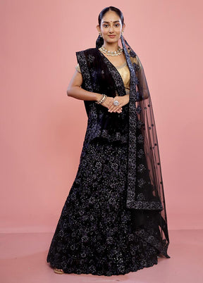 3 Pc Black Semi Stitched Silk Lehenga Set - Indian Silk House Agencies