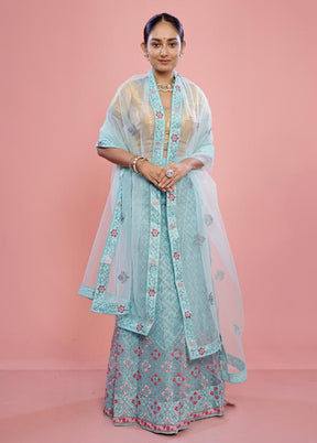 3 Pc Sky Blue Semi Stitched Silk Lehenga Set - Indian Silk House Agencies