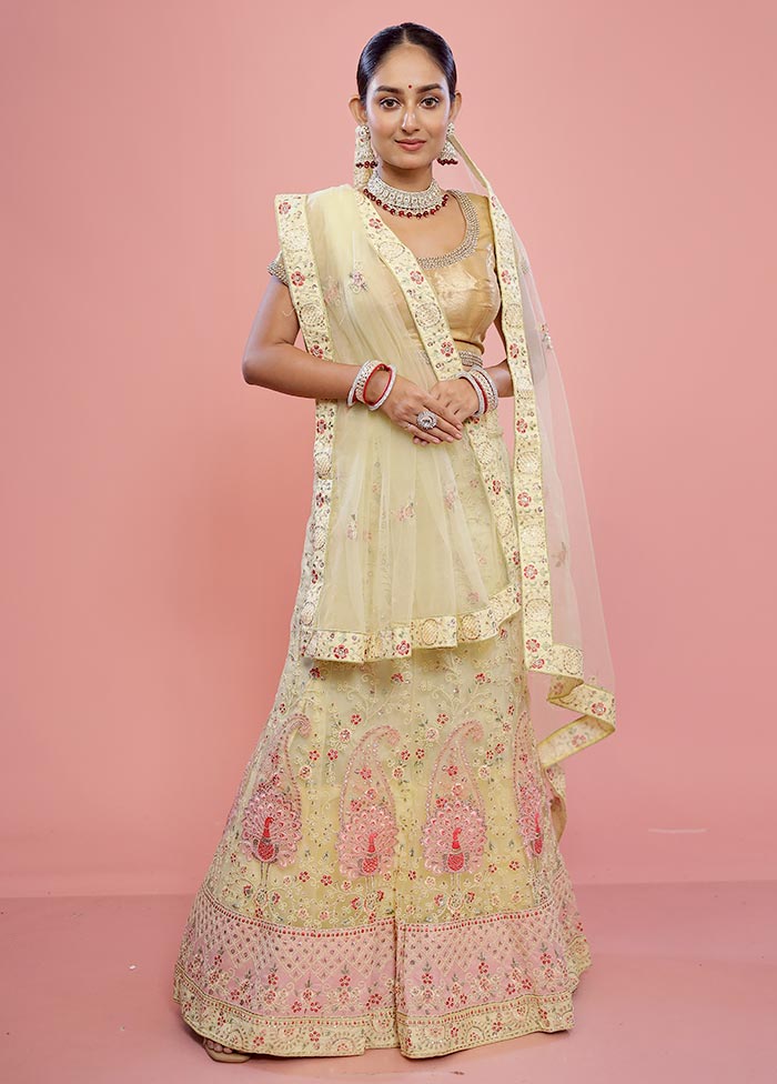 3 Pc Yellow Semi Stitched Silk Lehenga Set - Indian Silk House Agencies