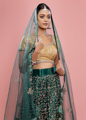 3 Pc Green Semi Stitched Silk Lehenga Set - Indian Silk House Agencies