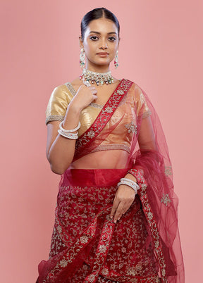 3 Pc Maroon Semi Stitched Silk Lehenga Set - Indian Silk House Agencies